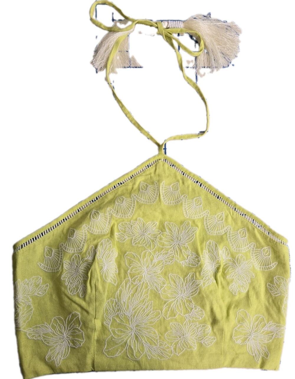 House of Harlow 1960 halter crop top Embroidered Lime Green Tassels SMALL Boho